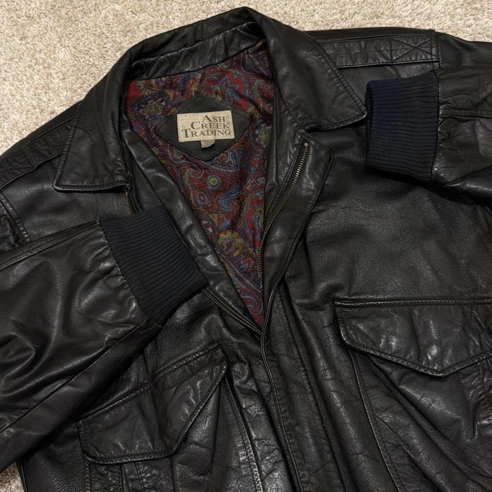 80s Vintage Ash Creek Trading Genuine Leather Bomber Jacket | Black |‎ Men's L